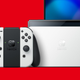 A Nintendo Switch OLED Model sits in front of an OLED TV.